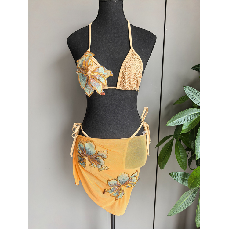 New Sexy Three Piece Bikini Orange Floral Sequin Embroidered Swimsuit Sexy Triangle Bikini for Women