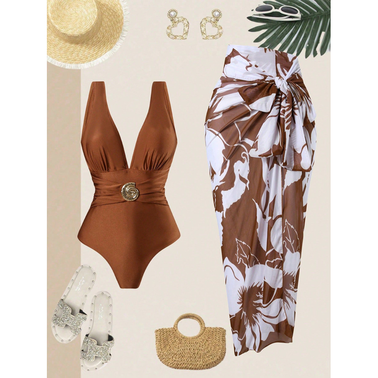 New One Piece Deep V Sexy Swimsuit French Retro Printed Bikini Hot Spring Vacation Beach Skirt Set