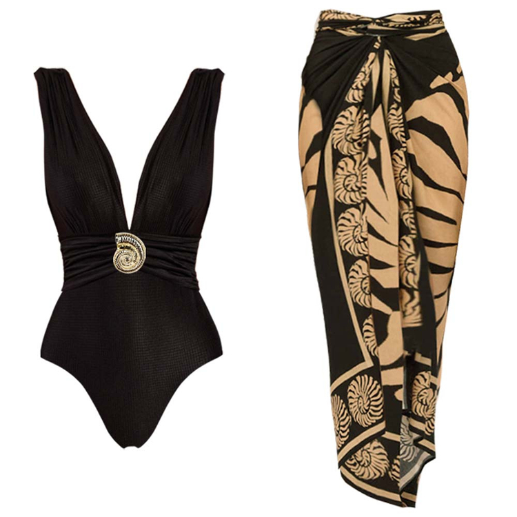 Wholesale Deep V Simple Design Bikini Seashell Print One Piece Swimsuit Set for Women