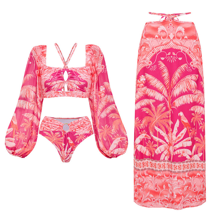New Pink Long Sleeve Swimsuit Set Tropical Print Bikini for Women