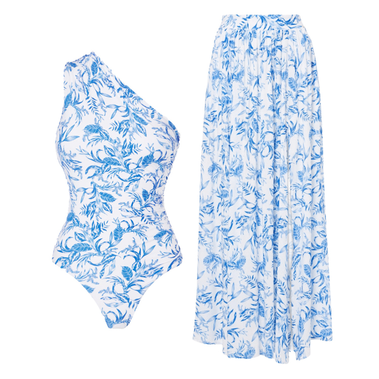 Wholesale Custom Bikini Fresh Blue Floral Swimsuit Set Elegant One Shoulder Bikini for Women