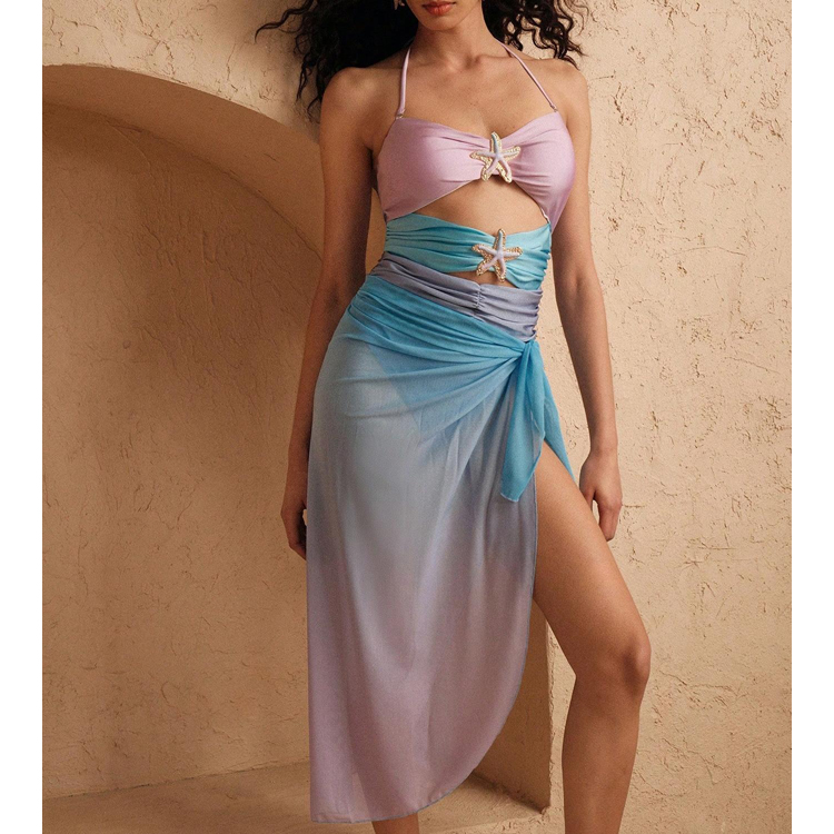 New Starfish Cutout Swimsuit Sexy Pink-to-Blue Gradient Swimwear Sexy Hot Spring Bikini Set