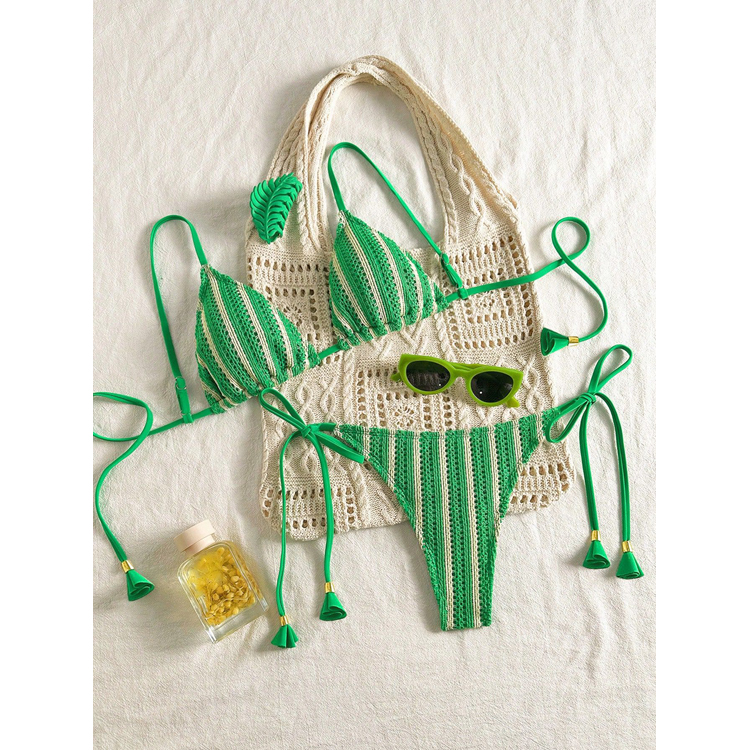 2026 Solid Color Bikini Set Special Fabric Bikini Striped Thong Swimsuit Women Swimwear