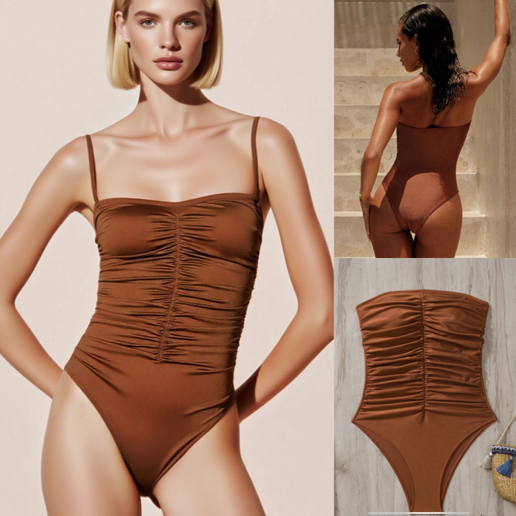 Custom Solid Color Swimwear: Premium Shiny Bikini Brown Ruffles Beach Bikini Vacation Swimwear