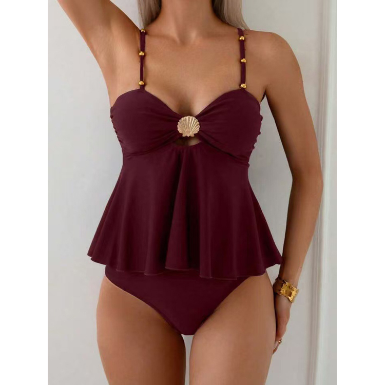 New Two Piece Swimsuit Solid Color Cutout Bikini Shell Swimsuit Set