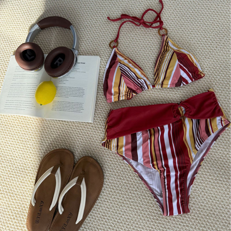 New Red Striped Swimsuit Sexy High Waist Bikini Triangle Bra Women Fitness Swimwear