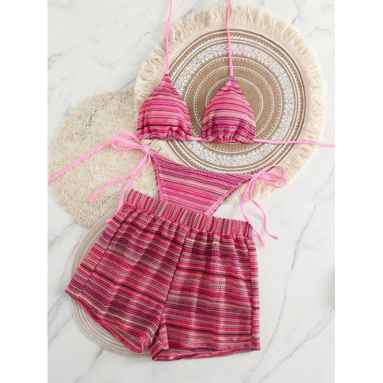 Wholesale Sexy Hollow Striped Strappy Bikini Three Piece Beach Vacation Swimsuit Set for Women