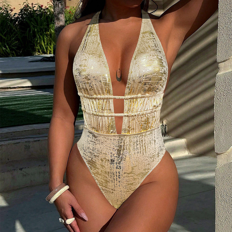 Summer Gold Beach Pool Bikini Deep V-Neck Cutout Sexy One Piece Swimsuit
