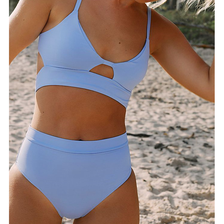 Custom Wholesale Solid Color Fitness Bikini Sexy High Waisted Swimwear Bikini Cutout Sports Swimsuit