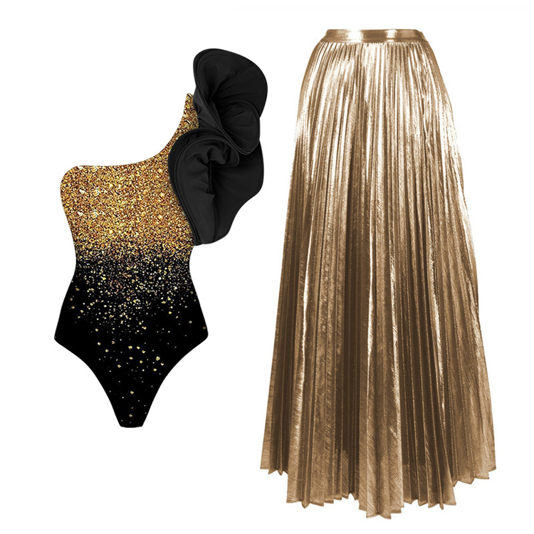 Wholesale One Shoulder Fishbone Ruffled Bikini Set Gold Sequined Print One Piece Swimsuit Set for Women