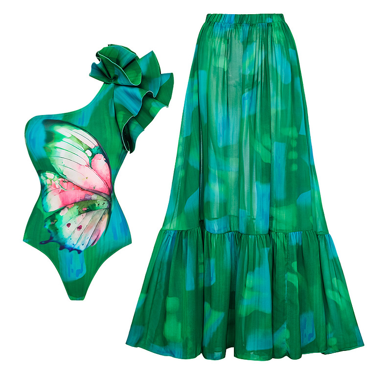 Wholesale Green One Piece Bikini with Ruffled Butterfly Print Vacation Swimsuit Set for Women