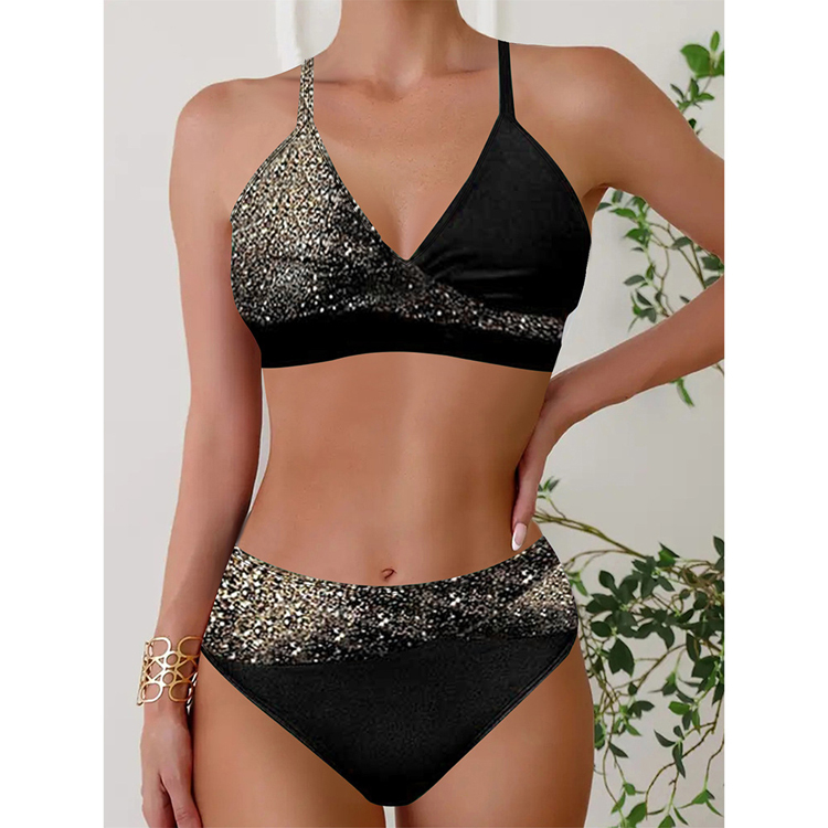 Wholesale Conservative square Pants Bikini Cross Pleated Swimsuit High Waisted Drawstring Bikini