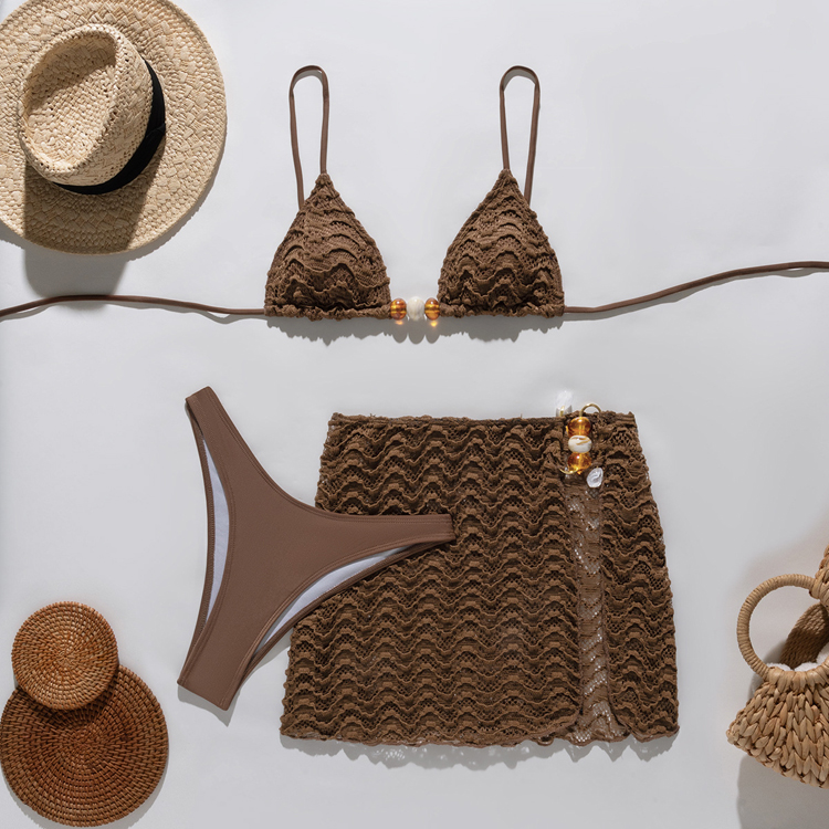 Wholesale Solid Color Swimsuit Fashion Lace Bikini Bead Strap Bikini Set