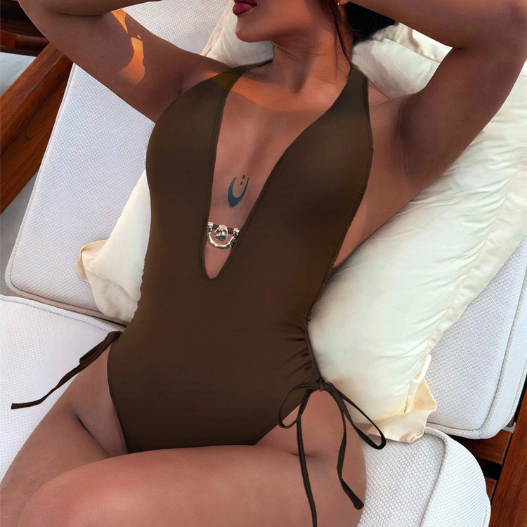Factory Customized Wholesale Bikini Solid Color Lace up V-neck Bikini High Waist One Piece Hollow Swimsuit for Women