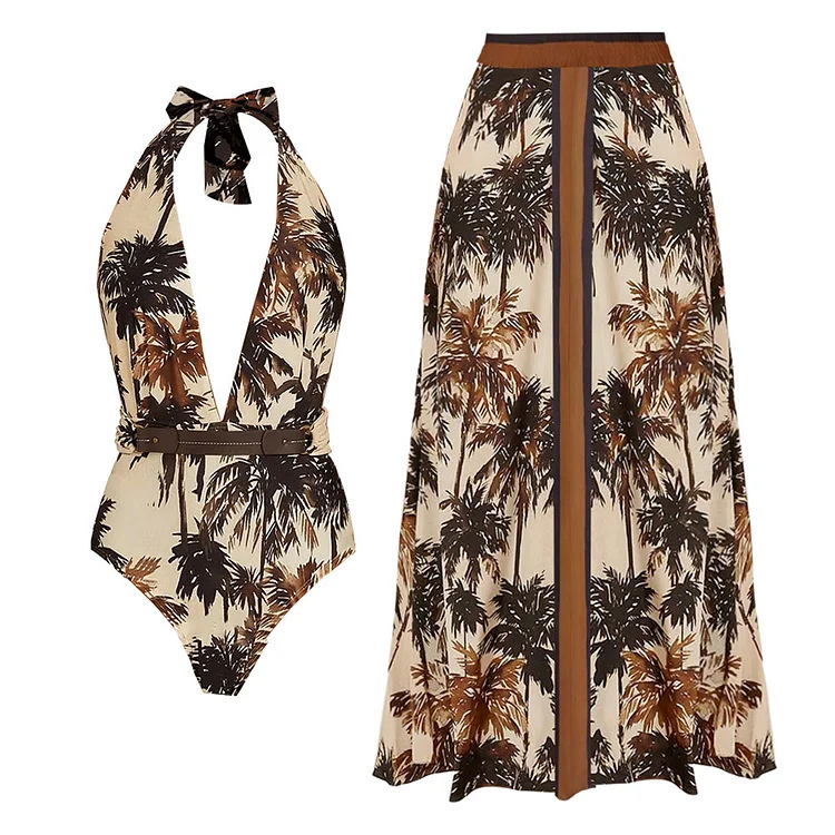 Wholesale Coconut Tree Printed Bikini Set Fashion Deep V Hanging Neck Bikini Retro Printed Swimsuit Set for Women
