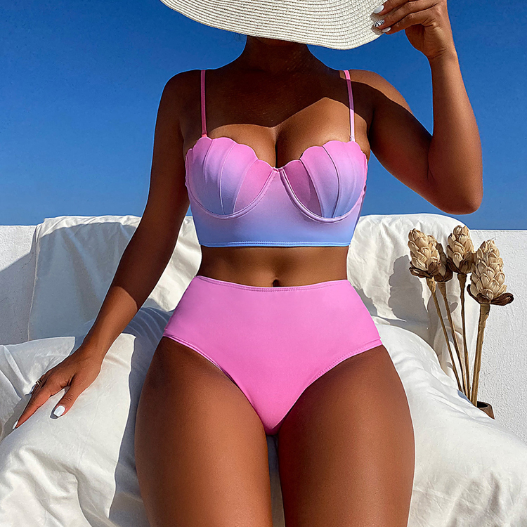 New Pink Gradient Bikini Sexy Push up High Waist Swimsuit Shell Bikini Swimwear