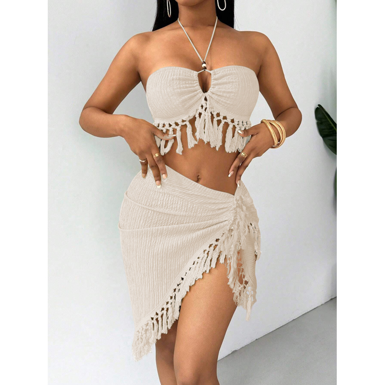 New Neck Hanging Bikini with Skirt Sexy Fringe Swimsuit Sexy Solid Color Swimsuit Beachwear