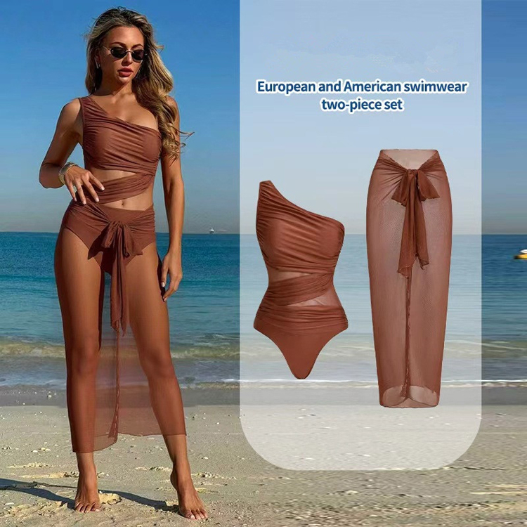 No MOQ Custom logo Bikini Solid Color Mesh One Piece Swimsuit with Wrapped Skirt Beach Vacation Swimsuit