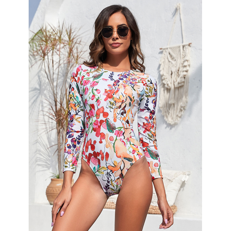 Wholesale Floral Printed Surfwear Sunscreen Swimsuit Backless Long Sleeve Swimsuit One Piece Swimwear