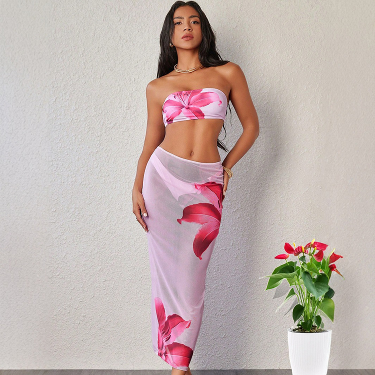 New Three Piece Swimsuit Floral Printed Bikini Set Sexy Bandeau Swimwear for Women