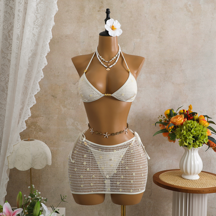 2026 New Retro Mesh Hollow Swimsuit Solid Color Sequin Bikini Sexy Bead String Bikini Women
