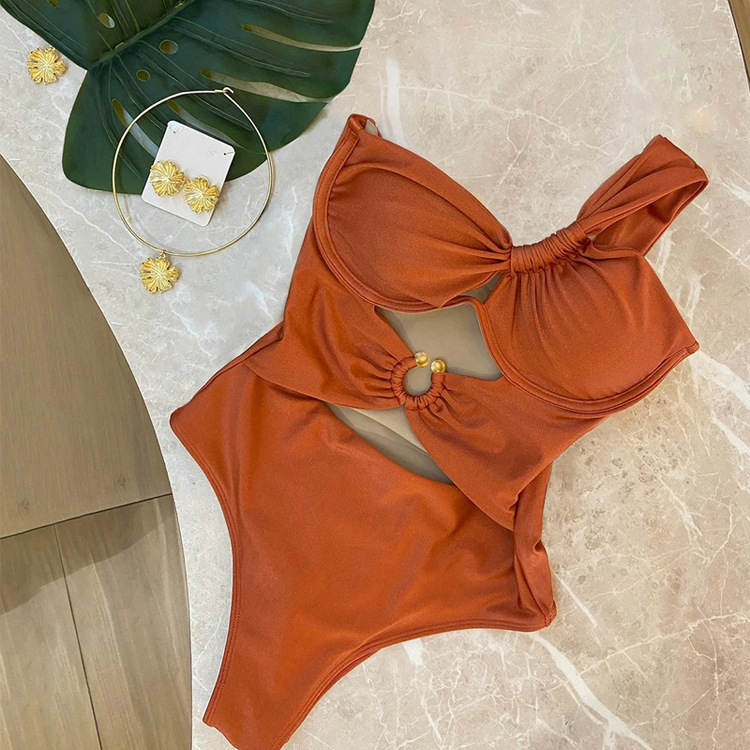 Wholesale Solid Color One Piece Bikini Push up Hollow Out Swimwear Sexy One Shoulder Bikini Women