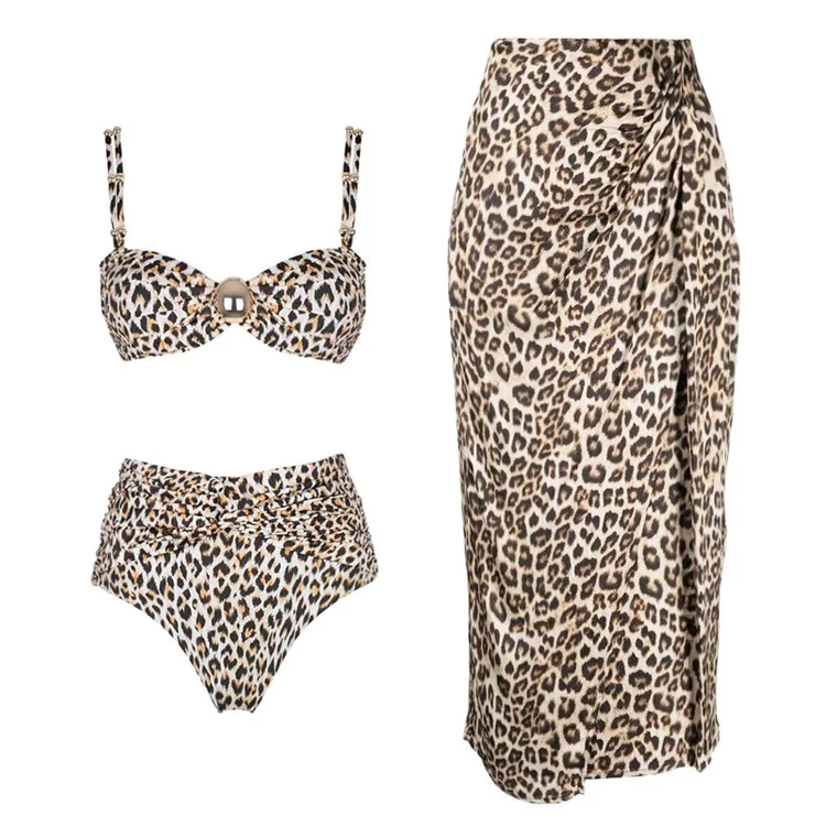 New Leopard Print Bikini Set Sexy High Waist Swimsuit Wrap Skirt Bikini Set Women