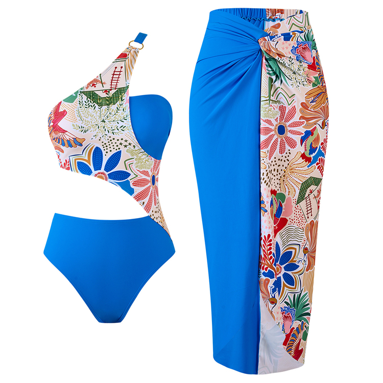 Wholesale Sexy One Piece Swimsuit Color Blocking Printed Skirt Swimsuit Set