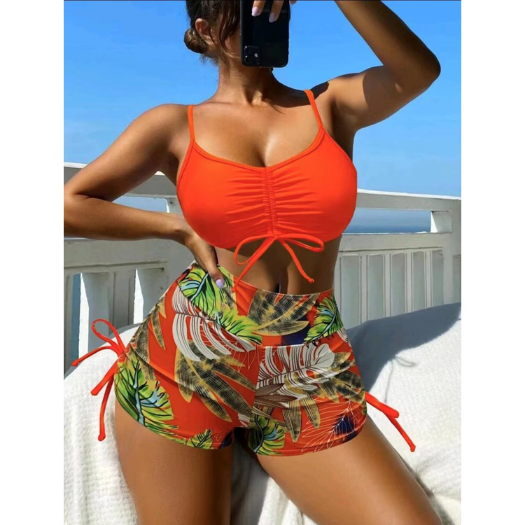 New Solid Color Sexy Flat Angle Bikini Sexy Tropical Printed Swimsuit for Women