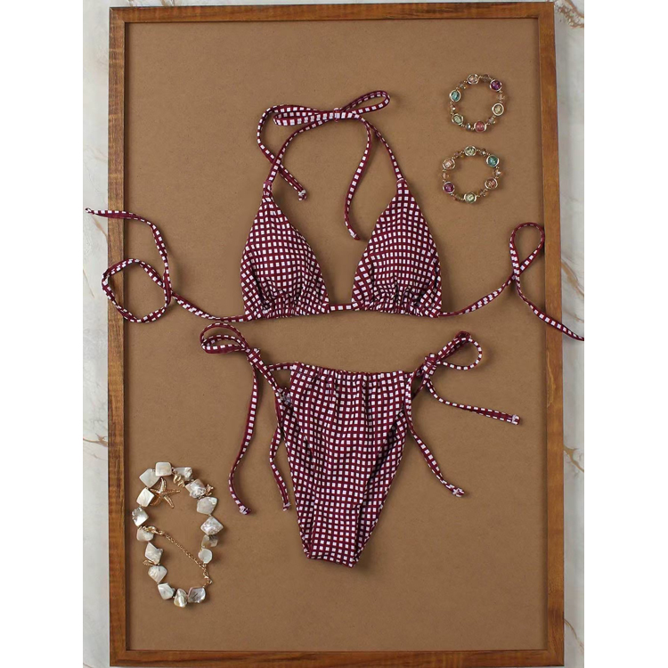 Wholesale Simple Checkered Print Bikini Burgundy Fashionable Sexy Swimwear Vacation Tie Side Bikini Set