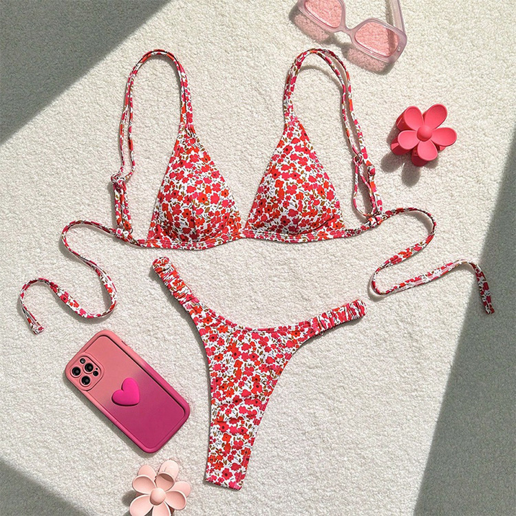 New Floral Print Lace up Bikini Sexy Swimwear Beach Hot Spring Swimsuit for Women
