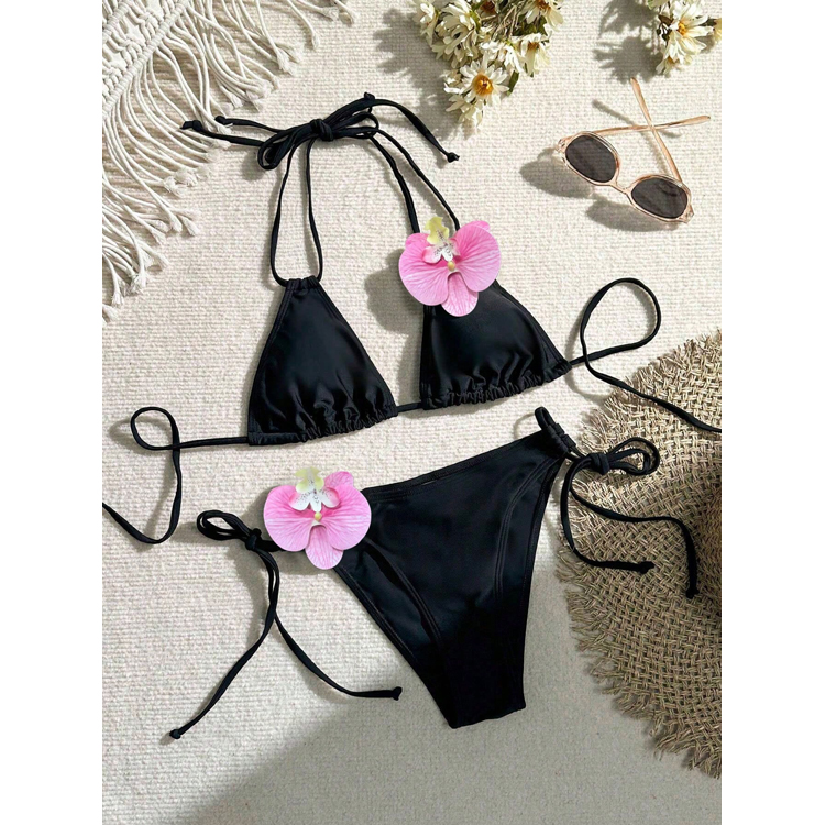 New Black Bikini Women Sexy Bandage Bikini Floral Swimsuit Beachwear