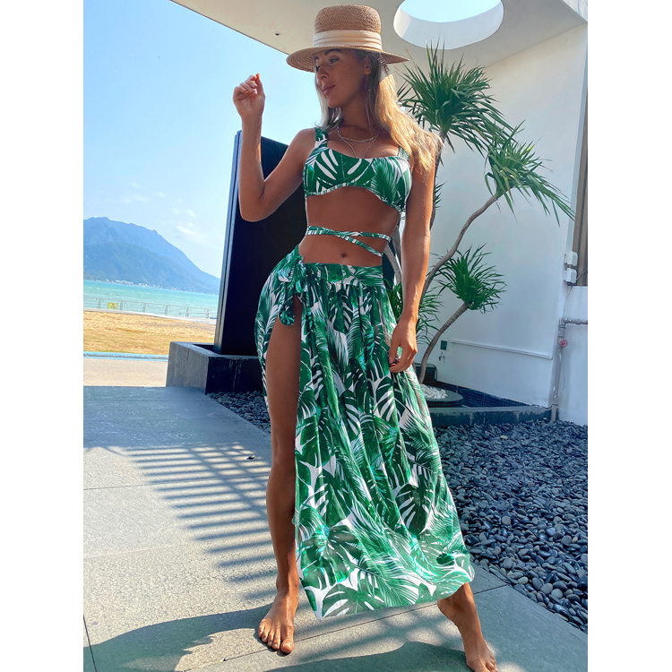 2022 New Swimwear Wholesale Sarongs Bikini Set Sexy Leaf Print Three Piece Drawstring Bandage Swimwear