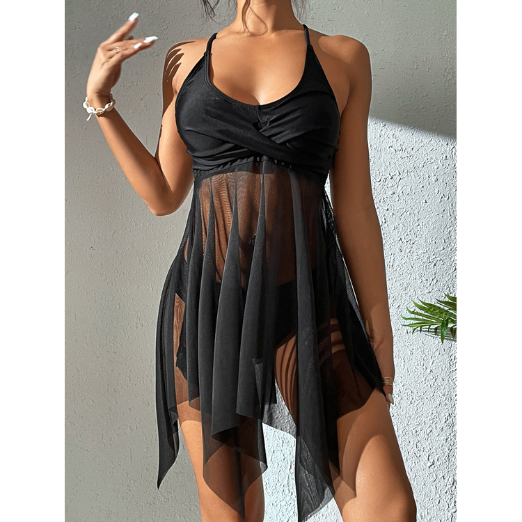 Wholesale S-3XL Swimwear Solid Color Mesh Bikini High Waist Sexy Swimwear