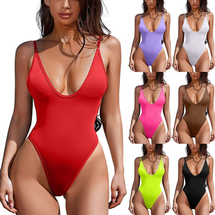 Wholesale Simple Style Bikini Racing Solid Color Sexy Bikini High Cut Triangle Swimsuit Women