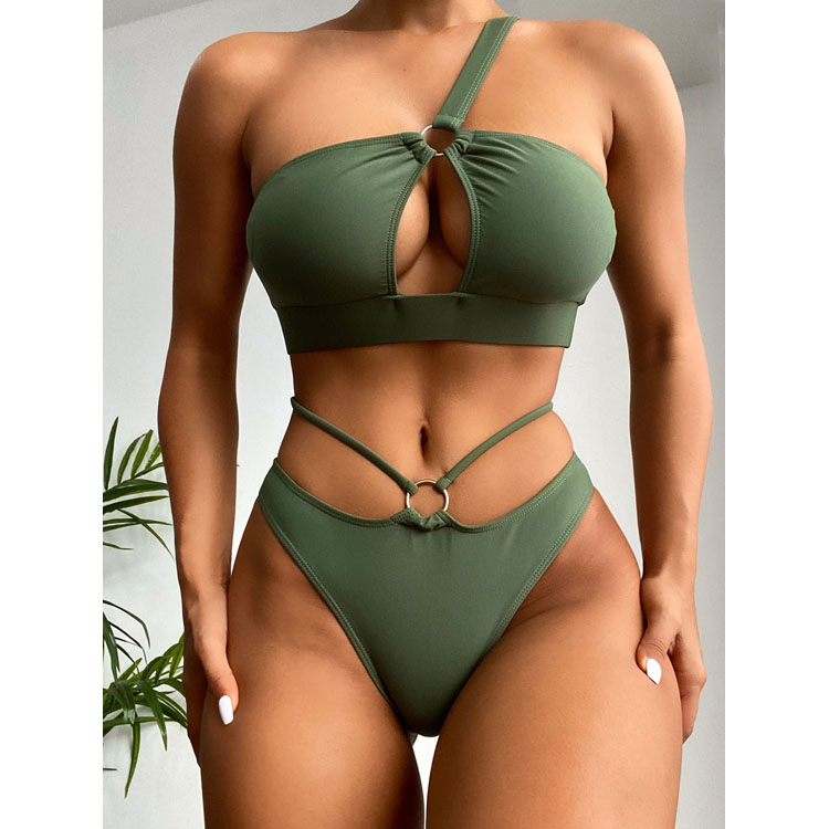 New Two Piece Swimsuit Solid Color Hollow Bikini High Waist Ring One Shoulder Swimwear