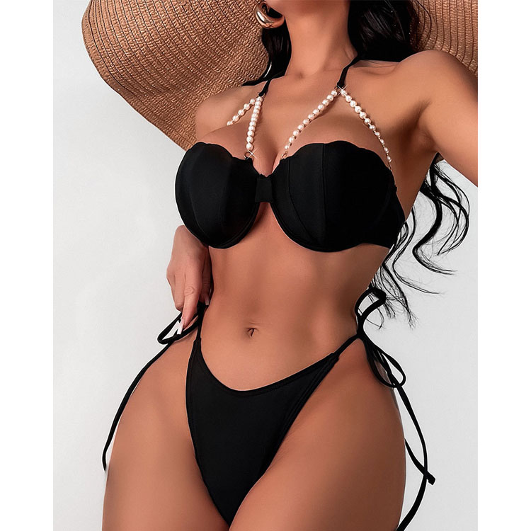 Solid Color Bikini Two Piece Push up Swimwear Sexy Lace up Pearl Chain Bikini for Women