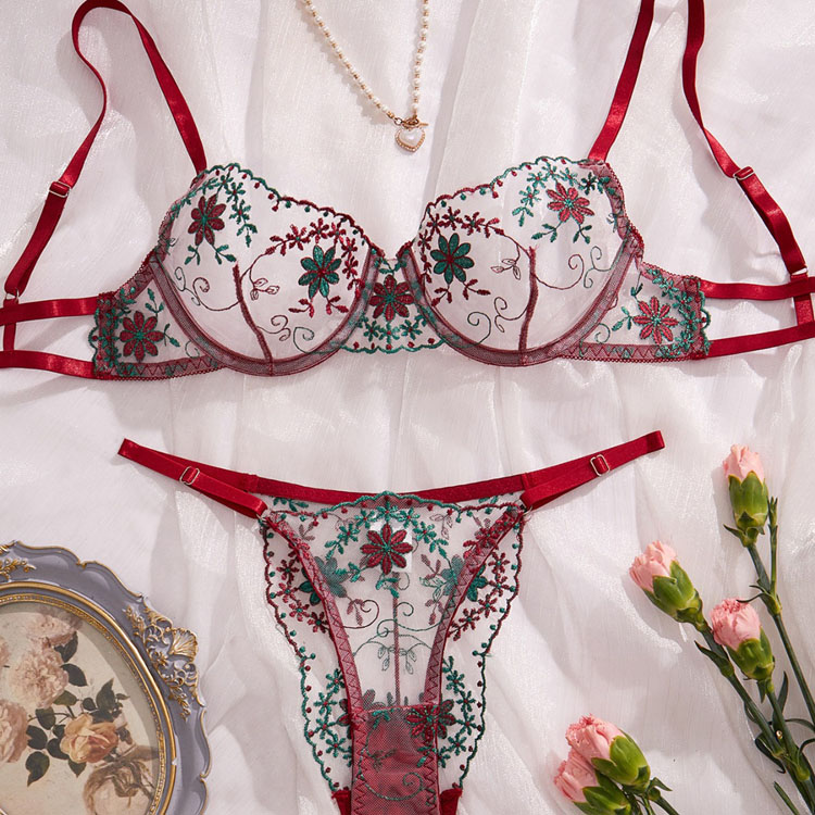 New Creative Flower Embroidery Lace Steel Ring Gather Big Chest Sexy Transparent Women Lingerie