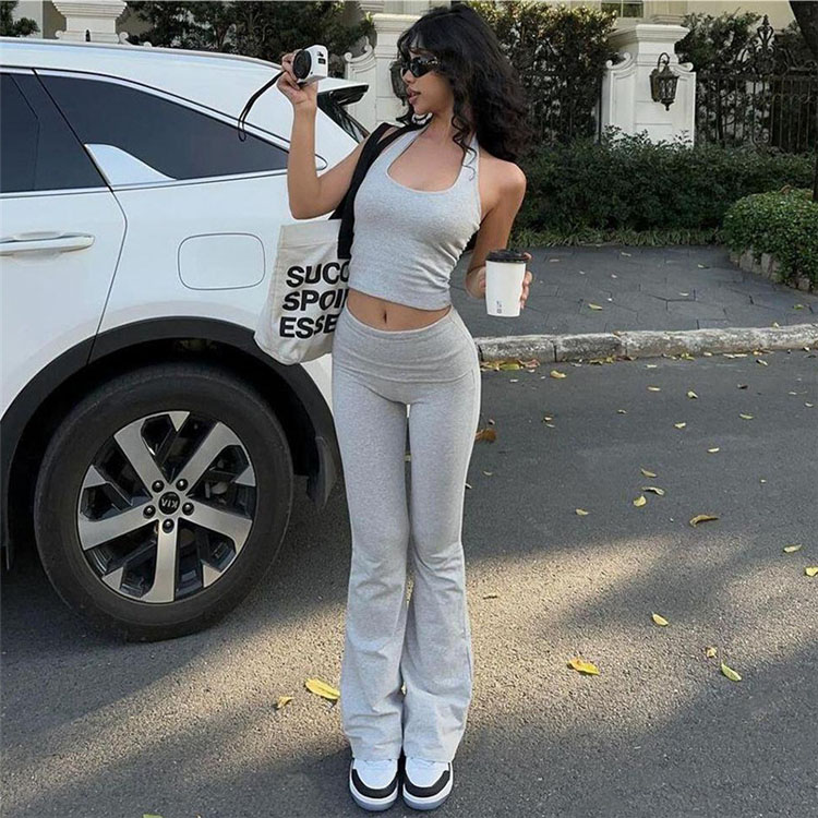 2024 Spring and Summer Women New Sexy Navel Baring Halter Vest Comfortable Slim High Waist Flared Trousers Set