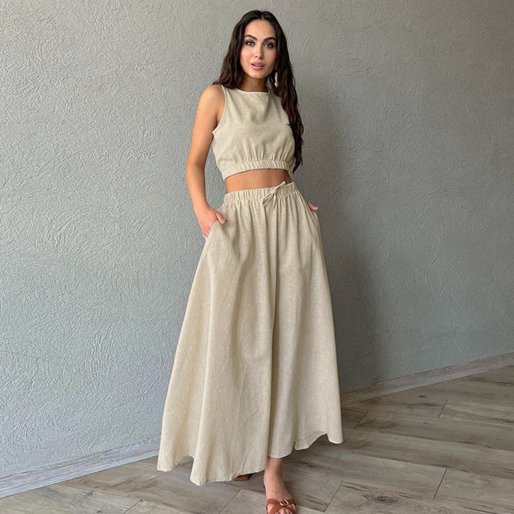 Women Clothing Factory Professional Custom Dress Cotton Linen Crop Top and High Waist Skirt A Line Skirt 2 piece Set