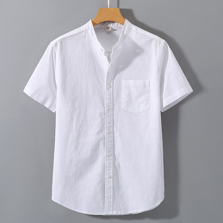 Men Linen Shirt Thin Short Sleeved Shirt Loose Chinese Style Summer Cotton and Linen Men Casual Stand up Collar Top