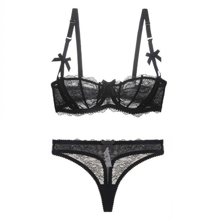 2024 Solid Color Cute Bow Sexy Lingerie Lace ultra Breathable Thin Bra Thong Set