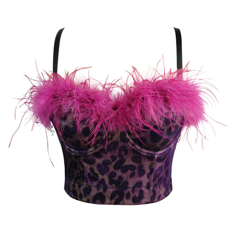 Gold Powder Leopard Print Hot Girl Feather Sling  Fish Bone Top Tube Women One Piece Corset