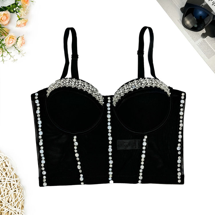 New Mesh Lace Beautiful Back Corset Women Thin Elastic Suspenders Bra Outer Wear Beaded Tube Top