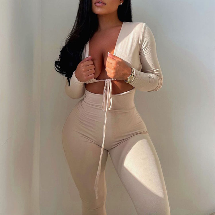 2021 New Autumn Fashion V Neck Lace up Long Sleeve Slim Fit Jumpsuit Women Wholesale