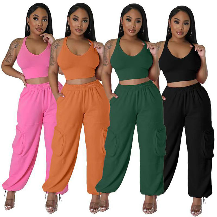 Hot Sell Plain Color Casual Crop Top Loose Pants Women Sweater Suit Two Piece Women Set