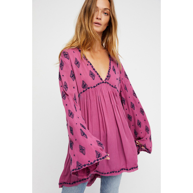 2024 New Spring and Summer Embroidery V Neck Trumpet Sleeve Dress Bohemian Holiday Mini Cotton Dress Dress Manufacturer