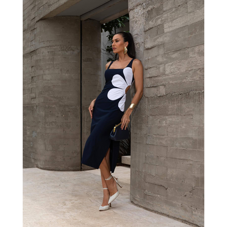 2024 Popular Women Casual Dress Large Flower Hollow Halter Dress Elegant Solid Color Zipper Dress