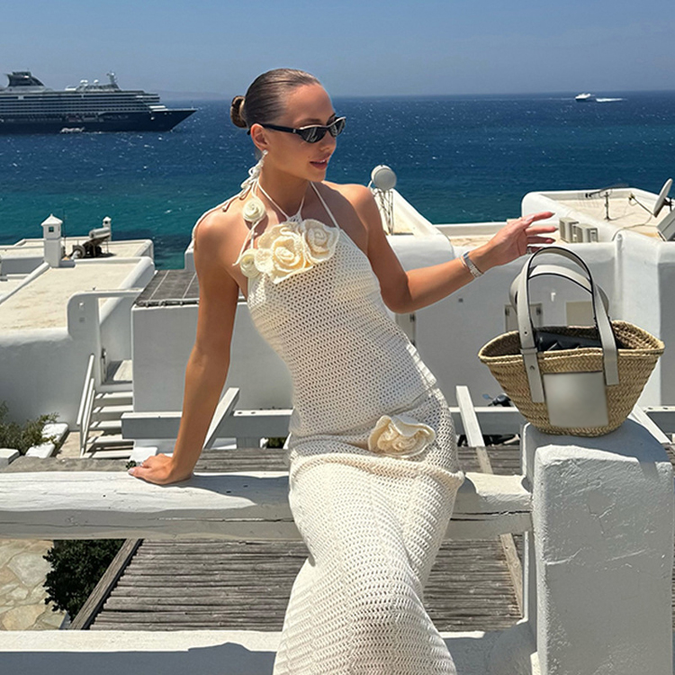 2025 New Womens Solid Color Knitted Dress 3D Flower Beach Swimsuit Cover up Sun protection Suit 2 Piece Women Beach Dress