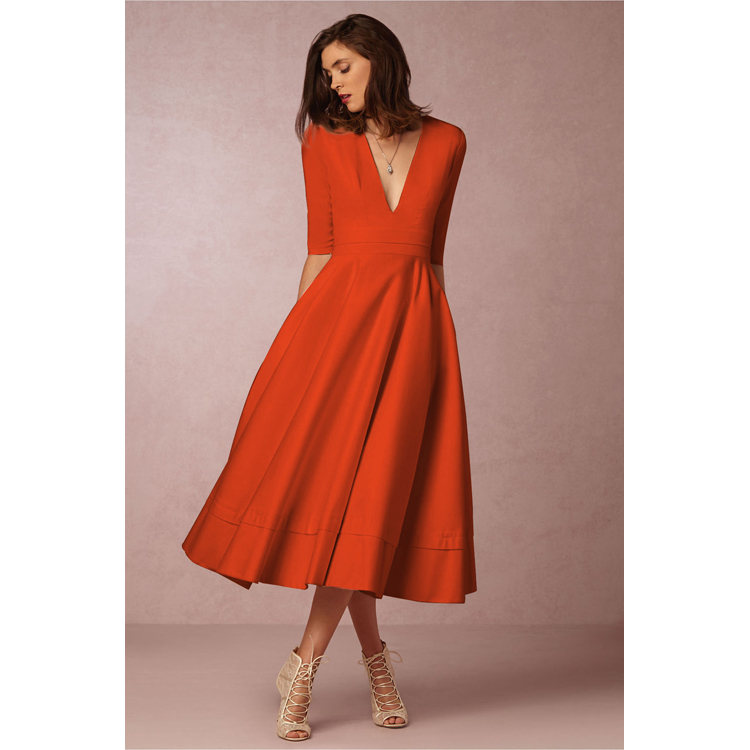 2025 New Spring and Summer New Sexy Deep V Neck Casual Dress Mid-length Sleeve Midi Dress Solid Color S-3XL